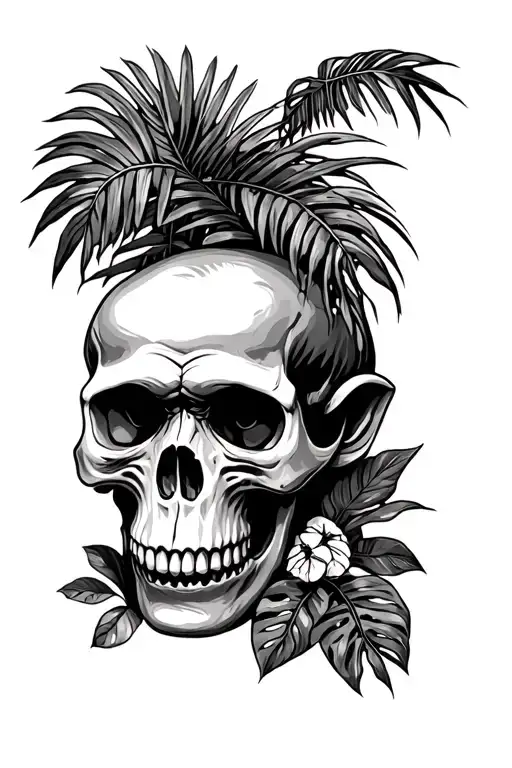 Austrolopithecus Skull Surrounded By Palms And Monstera Leaves And Other Tropical Plants