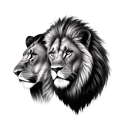 Lion And Lioness Facing Eachother With Foreheads Together