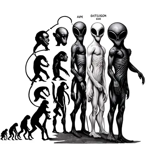 Evolutionary Chart From Ape To Alien With An Atom As Background