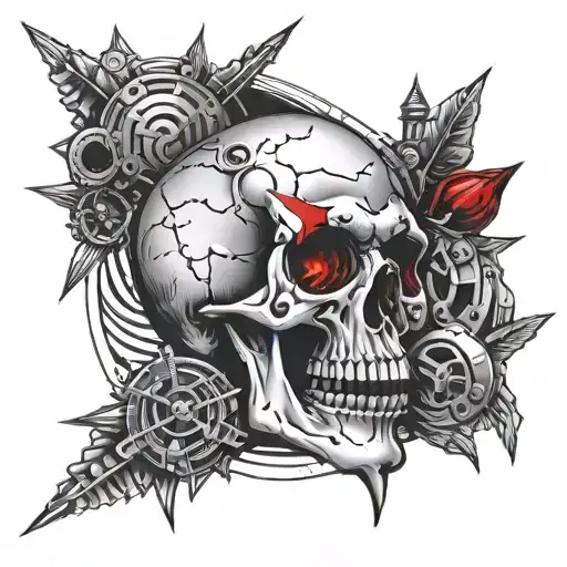 Unique Design Of 'See No Evil' Featuring A Red-eyed Skull Surrounded By Industrial Elements