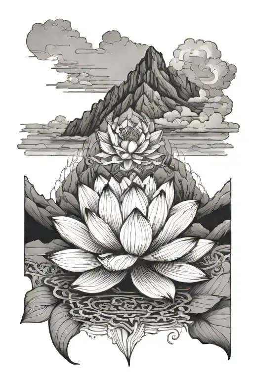 A Lotus Flower With A Mountain Landscape Behind