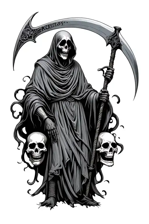 Grim Reaper Holding A Scythe With Skulls Either Side