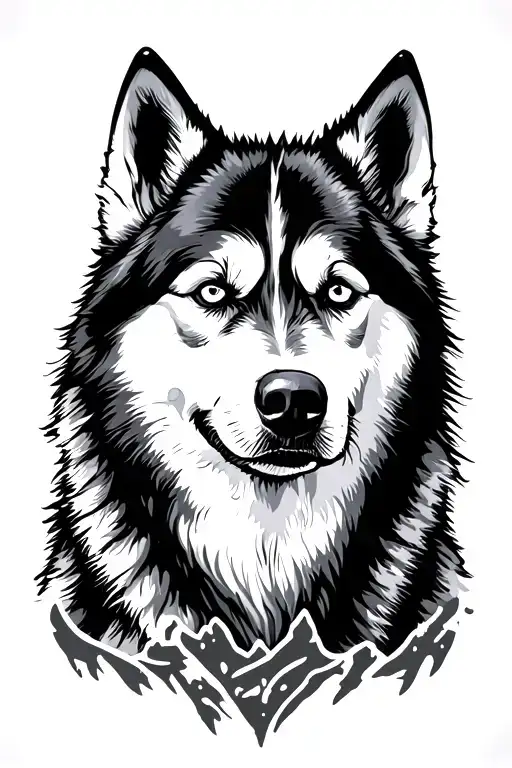 Husky And Snow Capped Mountain Range Silhouette