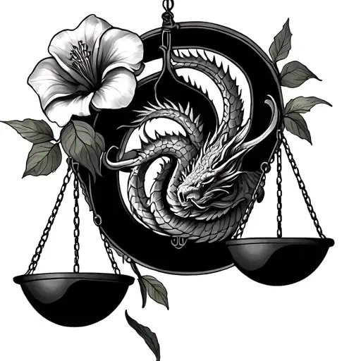 Line Art Libra Scales And Morning Glory Flowers And Dragon Zodiac