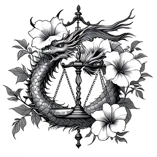 Line Art Libra Scales And Morning Glory Flowers And Chinese Dragon Zodiac
