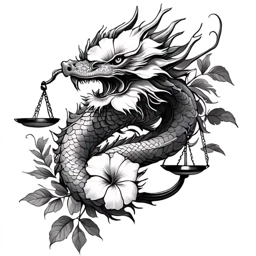 Line Art Libra Scales And Morning Glory Flowers And Chinese Dragon Zodiac