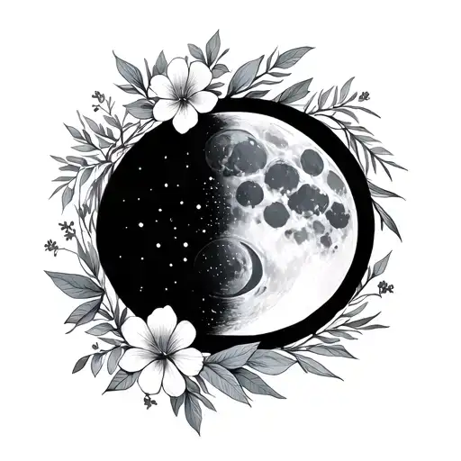 Snow Moon Phase And And First Quarter Moon Phase With Flowers And Nature Themed