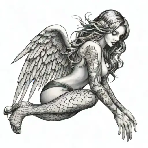 Woman With Angel Wings In Fishnet Stockings