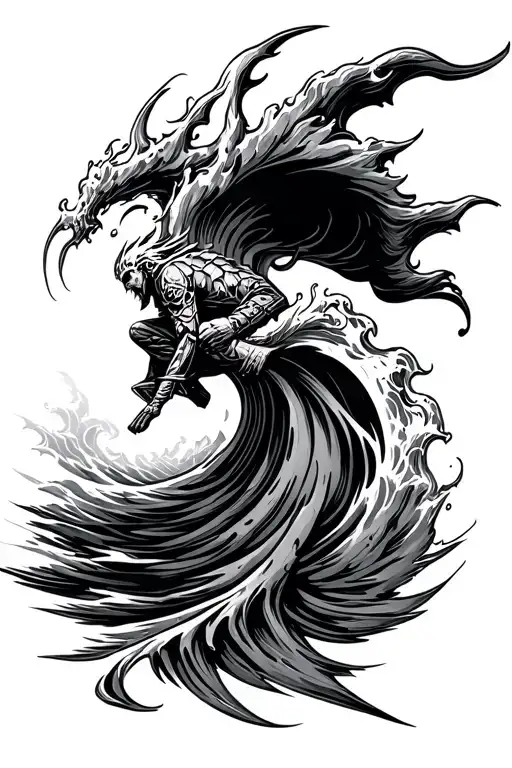 Stylistic Warrior Symbol Riding A Wave Merging Together