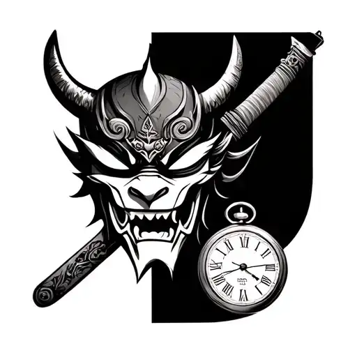 Oni Mask With A Katana And A Pocket Watch