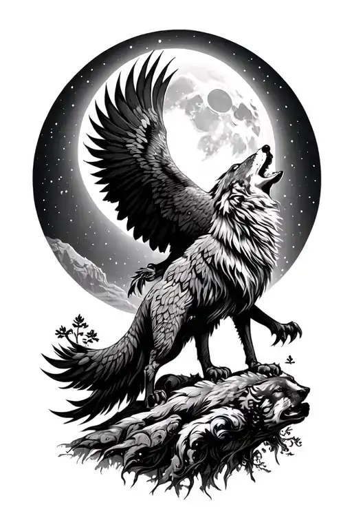 Fenix Bird And Wolf Howling At The Moon Surrounded By A Beautifull Scenery