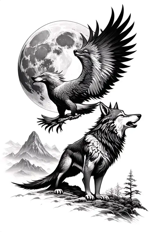 Fenix Bird And Wolf Howling At The Moon Surrounded By A Beautifull Scenery