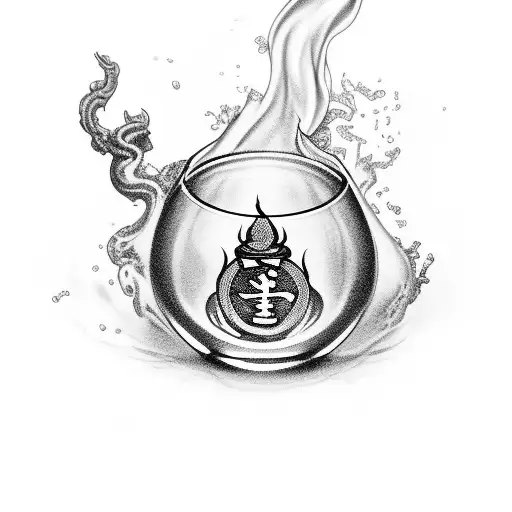 A Glass Filled With A Smoky Drink Surrounded By Intricate Buddhist Symbols
