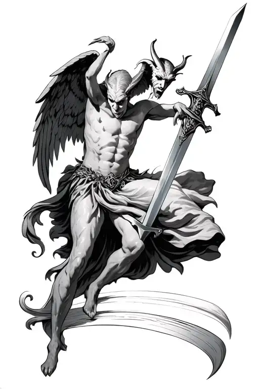 Devil Holding Sword Smighting An Angel Gothic Black And White