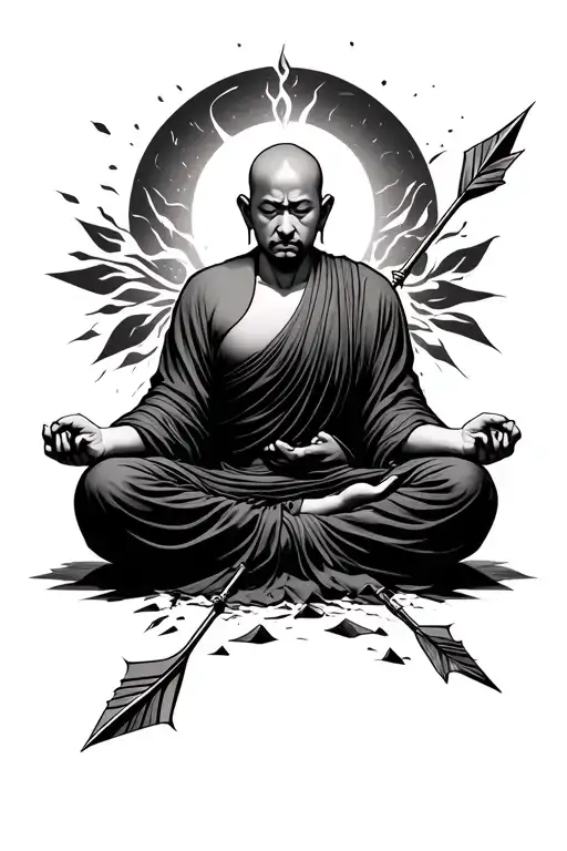 Monk In Meditation Being Broken By An Arrow Piercing
