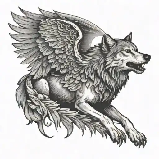 A Wolf Howling At The Moon With Angel Wings