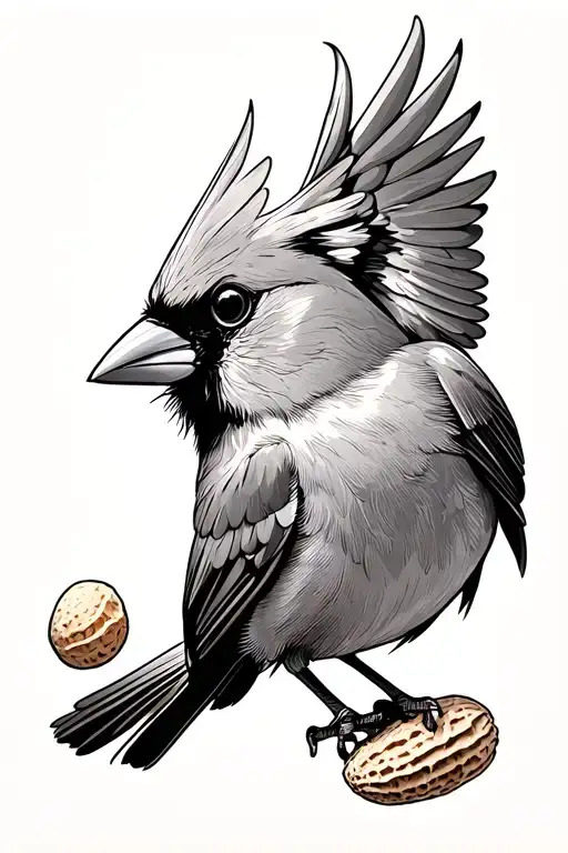 Cardinal With A Peanut Between His Wings Like It Was His Baby