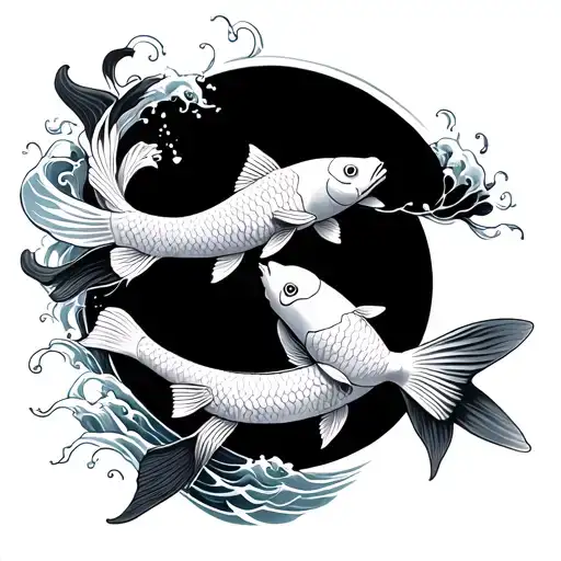 Three Koi Fish In Waves On Their Backs Various Accessories