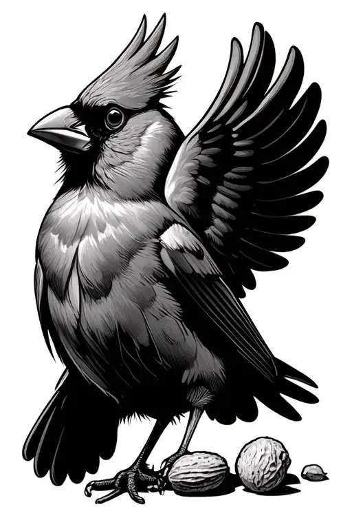 Cardinal With A Peanut Between His Wings As If It Were His Baby He Was Protecting