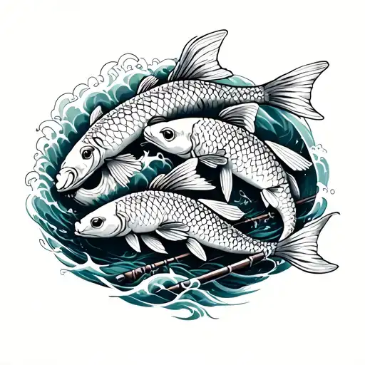 Three Koi Fish In Waves On Back Fishing Rod Toad Ramen