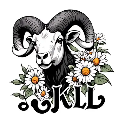 Mean Looking Ram Head With Daisies And Jkl Script Font
