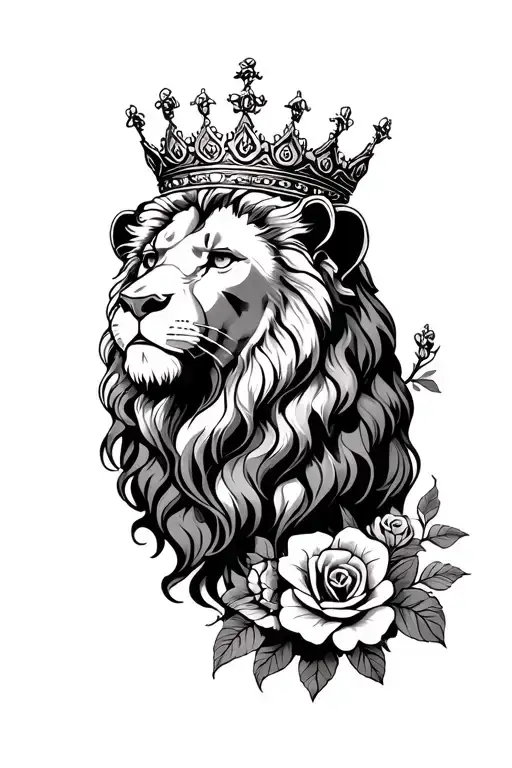 Crowned Lion With Roses Mayflowers Hibiscus