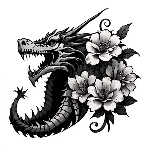 Skeletal Dragon With Flowers