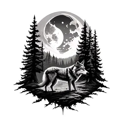 Forest With Wolf And Moon And Tserne