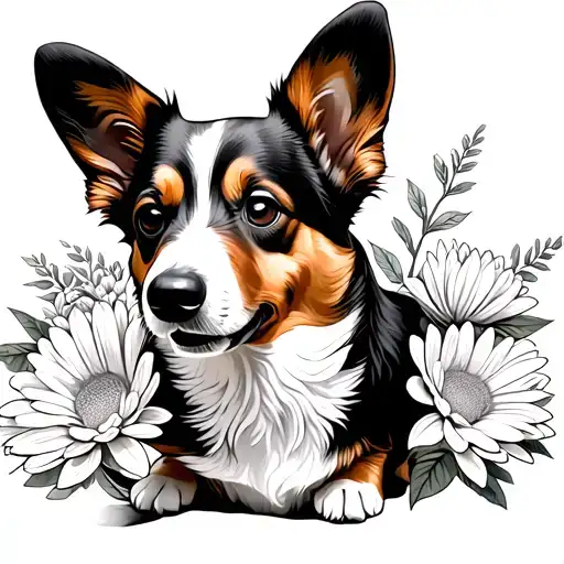Corgi Line Drawing With Chrysanthemum Flower