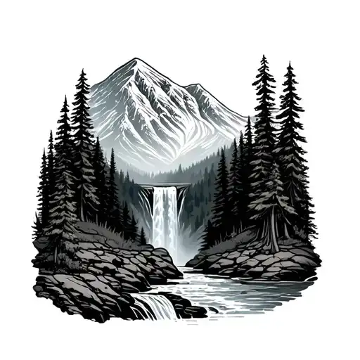 Snow Top Mountain And Waterfall With Forest Landscape