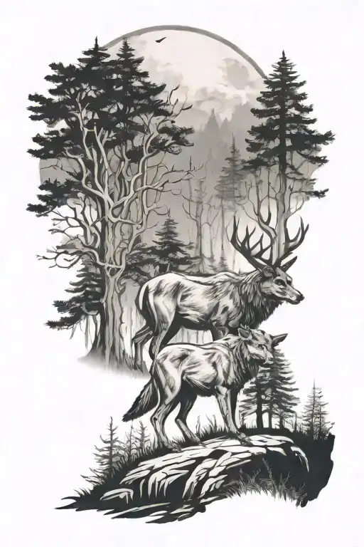 A Stag And Wolf Standing Together In A Moonlit Forest