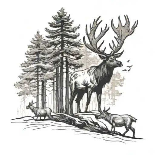 An Elk Leading A Pack Of Wolves Through A Pine Tree Forest
