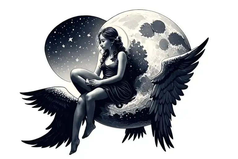 Baby Girl With Angle Wings Sitting On Moon