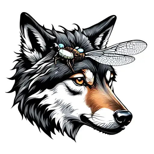 Dragonfly On The Nose Of A Wolf With A View Towards The Sky