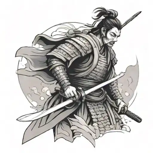 Lonely Samurai With Katana Surrounded