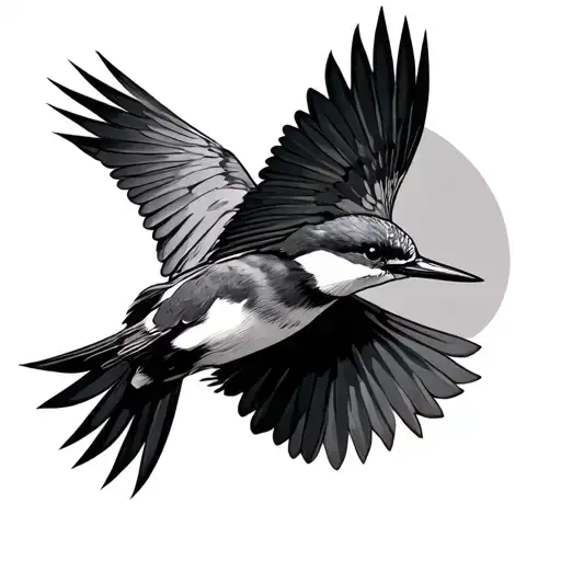 Black And White Kingfisher Flying Realism Style