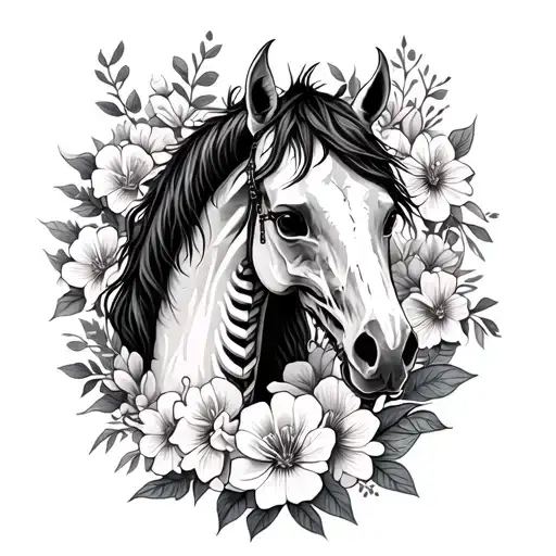 Horse Skeleton Surrounded By Flowers