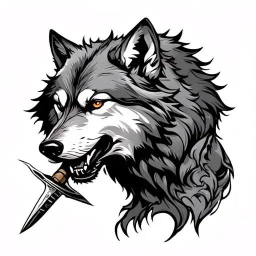 Wolf With Dagger In Mouth Thigh Tatoo Flat