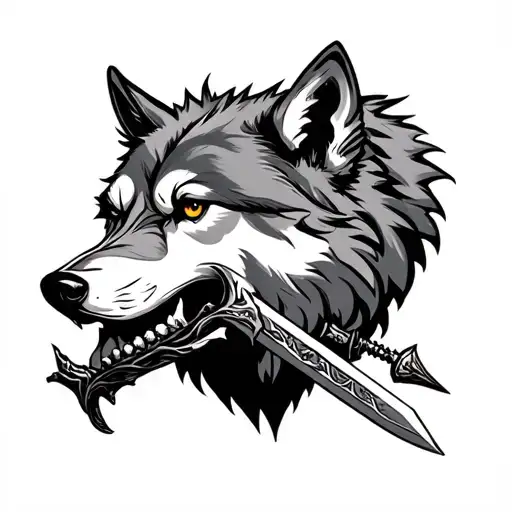 Wolf With Dagger In Mouth Thigh Tatoo Flat