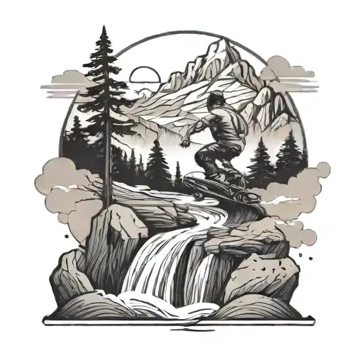A Mountain Landscape With A River Flowing Through It And A Skateboarder Doing Tricks