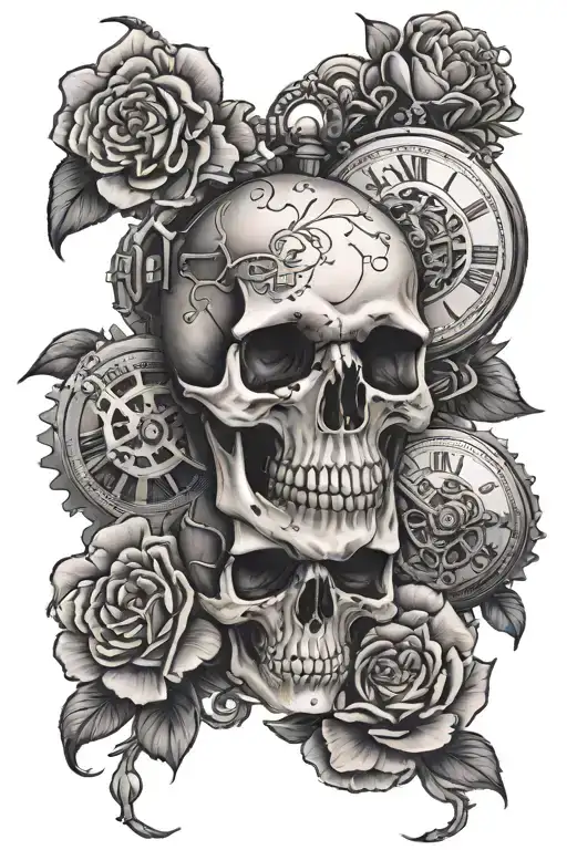 See Hear And Speak No Evil Skull And Pocket Watch With Gears And Carnations