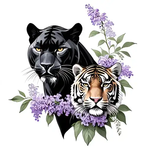 Black Panther And Tiger With Lilacs