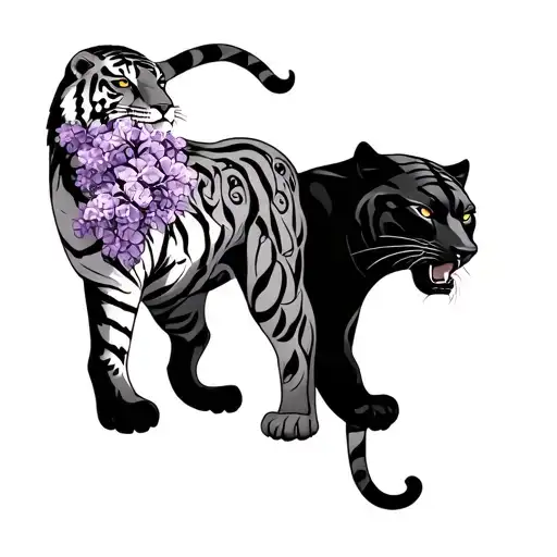Full Body Black Panther And Tiger With Lilacs