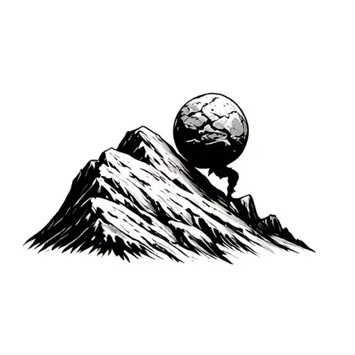 Sisyphus Pushing A Boulder Uphill On A Mountain Landscape