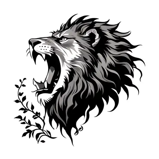 Lion Head Roar Teeth Side Profile With Vines