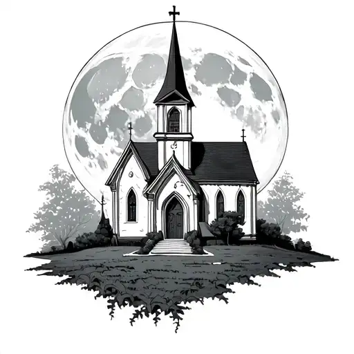 Church With Vines Growing And Full Moon Surrounded
