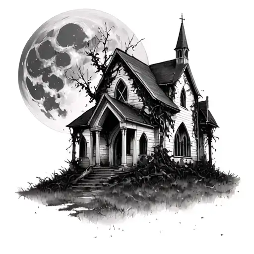 Abandoned Church With Vines Growing And Full Moon Night