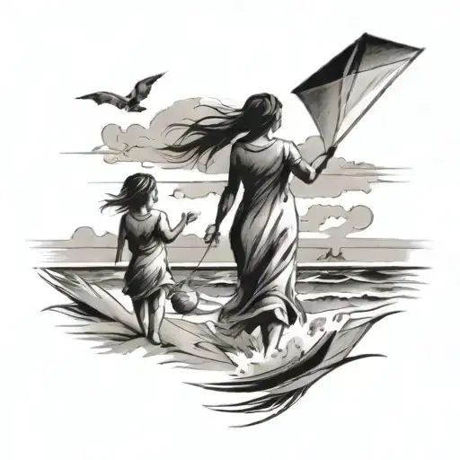 A Peaceful Beach Scene With A Mother And Her Children Flying Kites In The Wind
