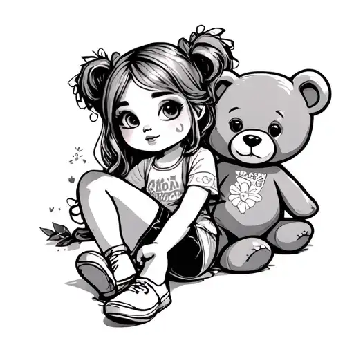 Girl Sitting Cartoon Style With Teddy Bear