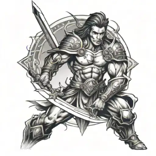 A Powerful Warrior Holding A Sword With Symbols Of Business And Process In The Background